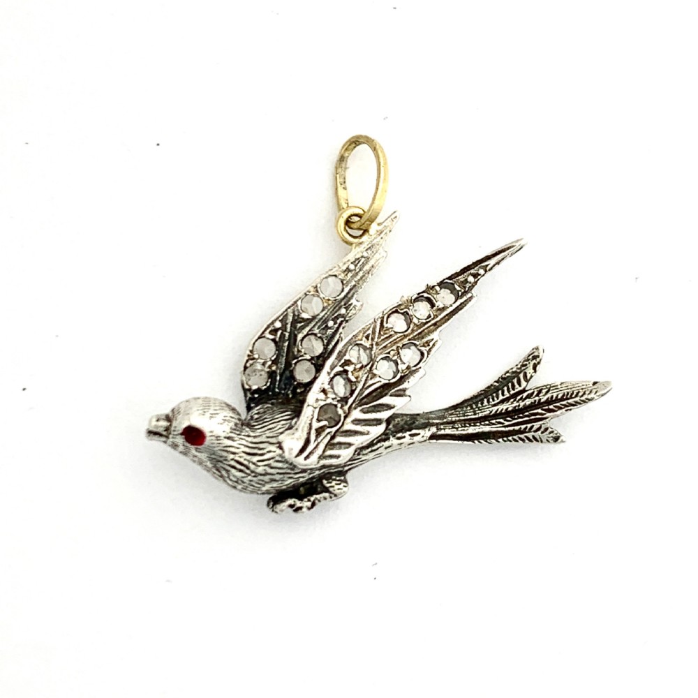 Victorian Rose Cut Diamond and Sterling Silver Bird Pendant