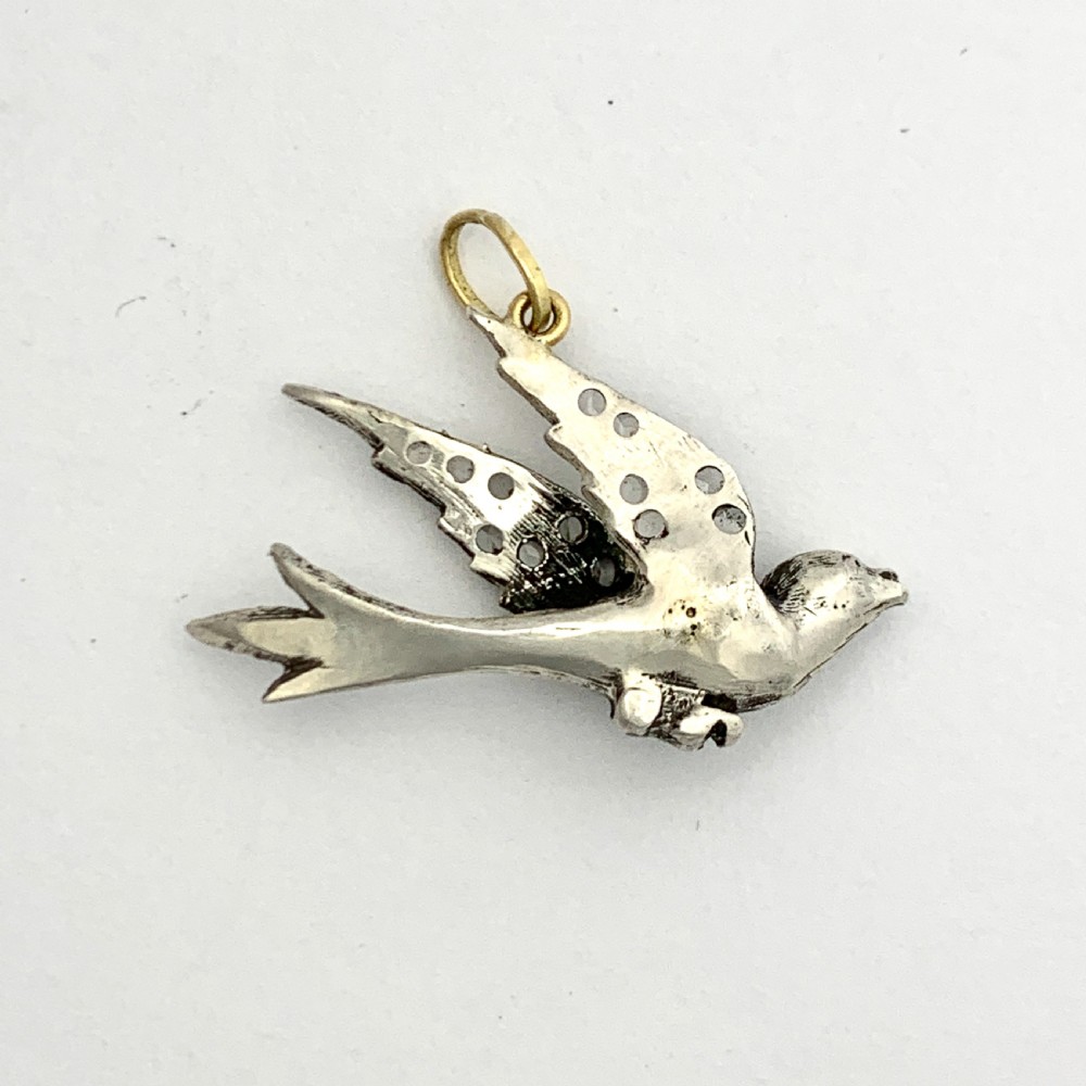 Victorian Rose Cut Diamond and Sterling Silver Bird Pendant View II