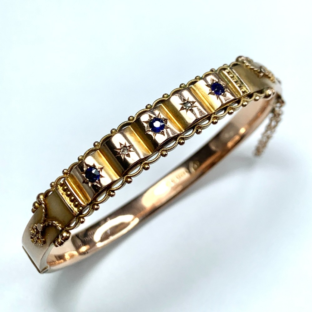 Victorian 1870 Sapphire and Diamond Gold Bangle
