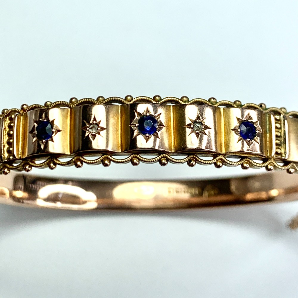 Victorian 1870 Sapphire and Diamond Gold Bangle View II