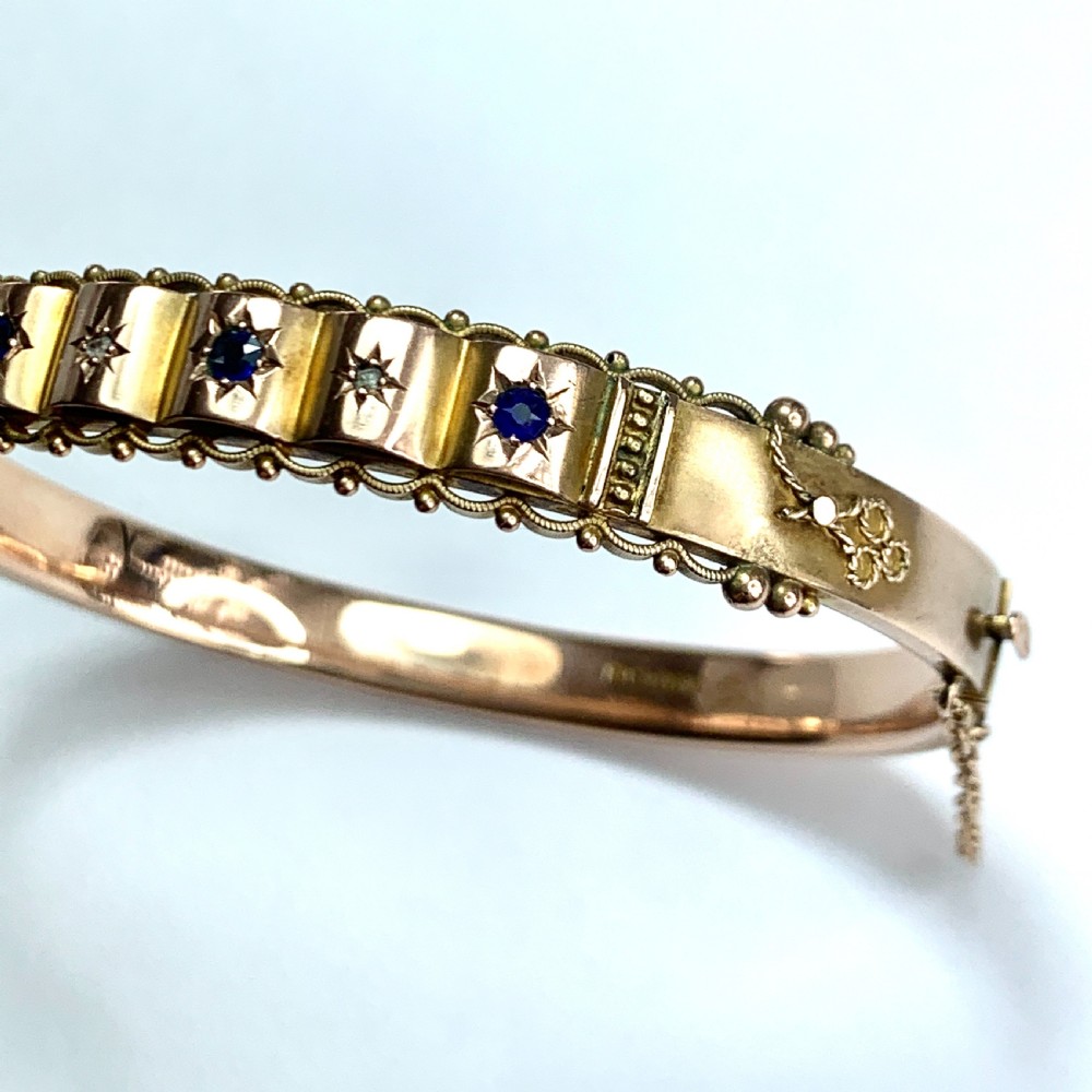 Victorian 1870 Sapphire and Diamond Gold Bangle View III