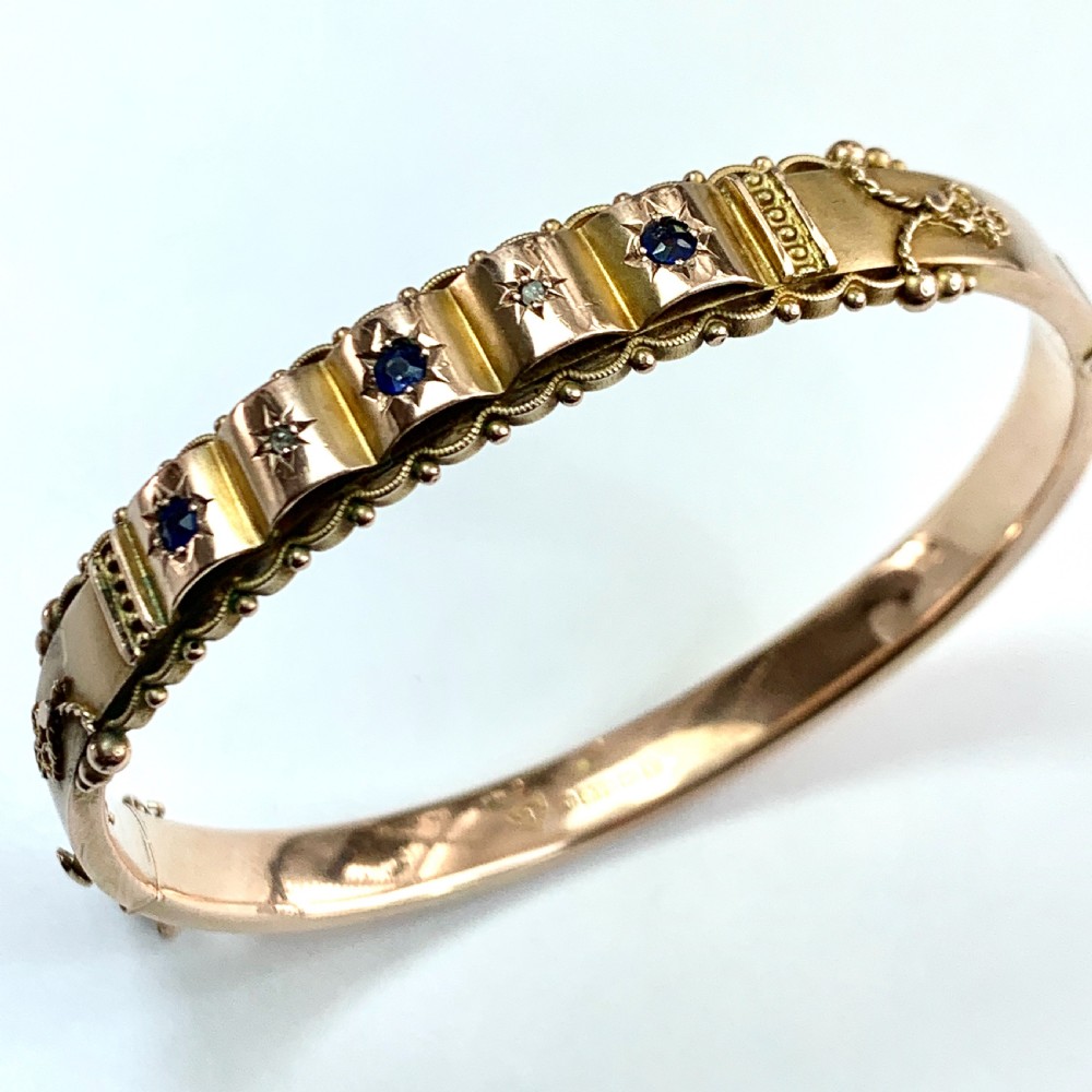 Victorian 1870 Sapphire and Diamond Gold Bangle View IV