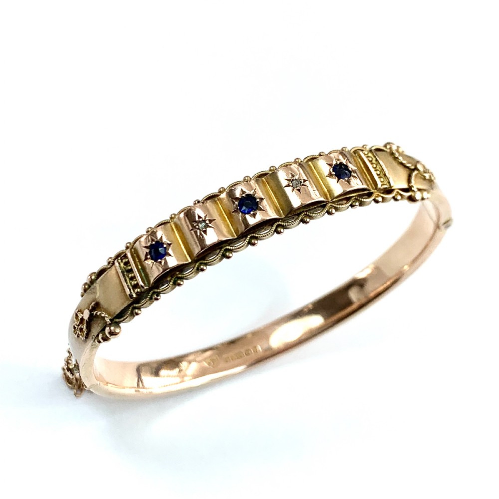 Victorian 1870 Sapphire and Diamond Gold Bangle View V