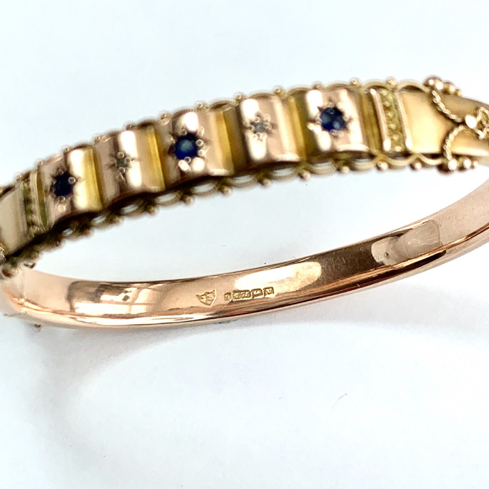Victorian 1870 Sapphire and Diamond Gold Bangle View VI
