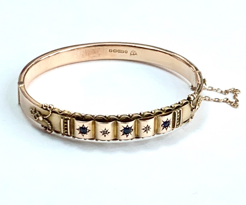 Victorian 1870 Sapphire and Diamond Gold Bangle View IX