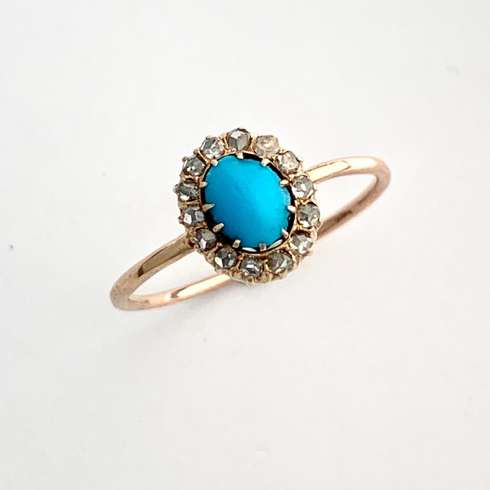 Victorian Rose Cut Diamond and Turquoise 15CT Gold Halo Ring