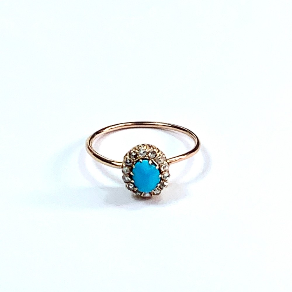 Victorian Rose Cut Diamond and Turquoise 15CT Gold Halo Ring View II