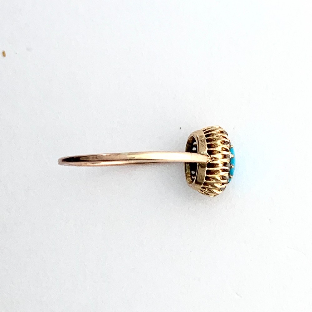 Victorian Rose Cut Diamond and Turquoise 15CT Gold Halo Ring View IV
