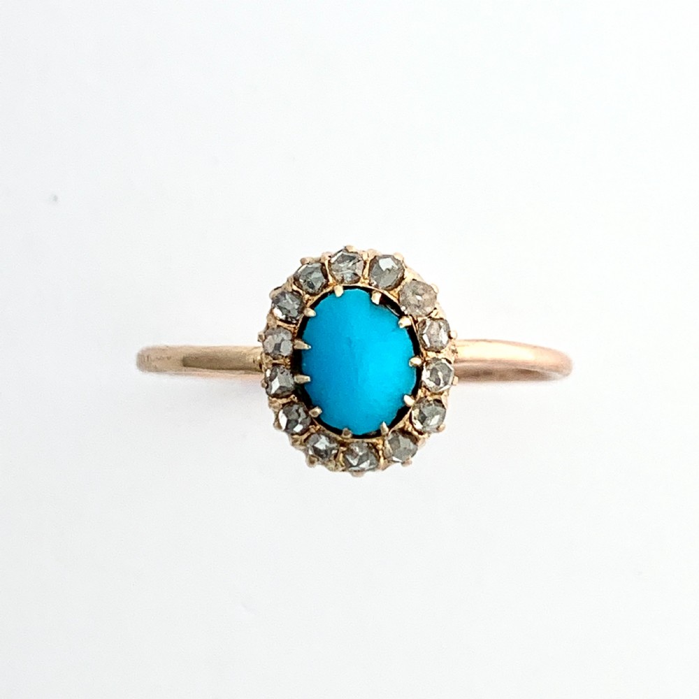 Victorian Rose Cut Diamond and Turquoise 15CT Gold Halo Ring View V