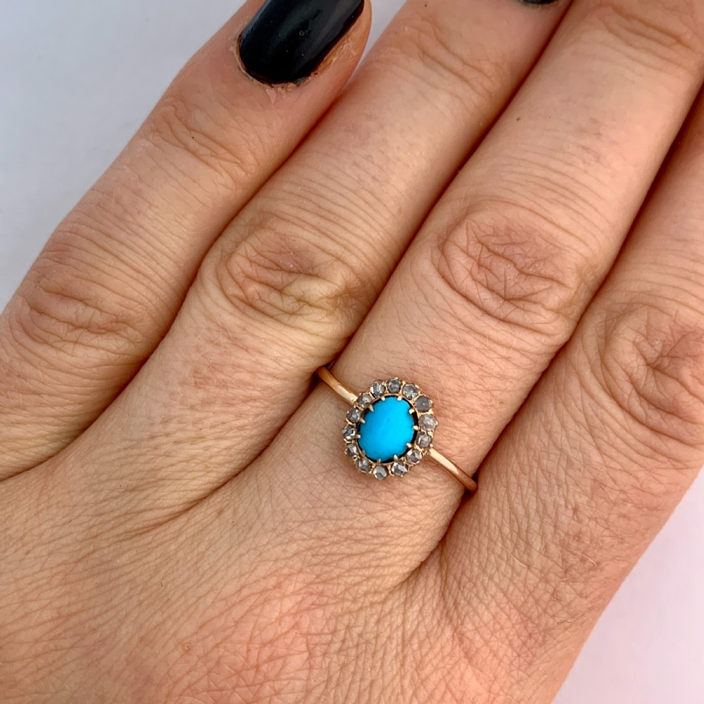 Victorian Rose Cut Diamond and Turquoise 15CT Gold Halo Ring View VI