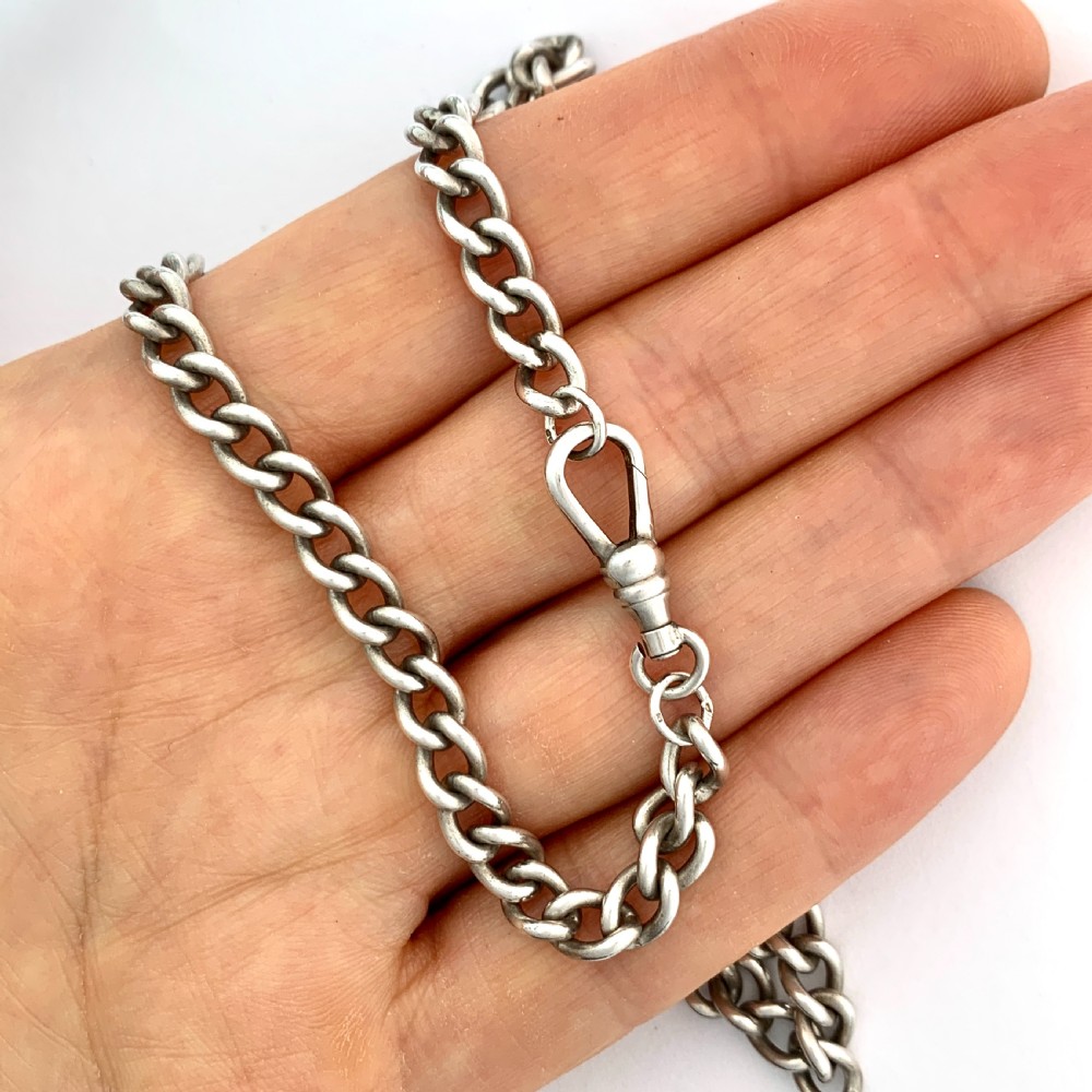 Victorian Sterling Silver Watch Chain Necklace with Dog Clip View III