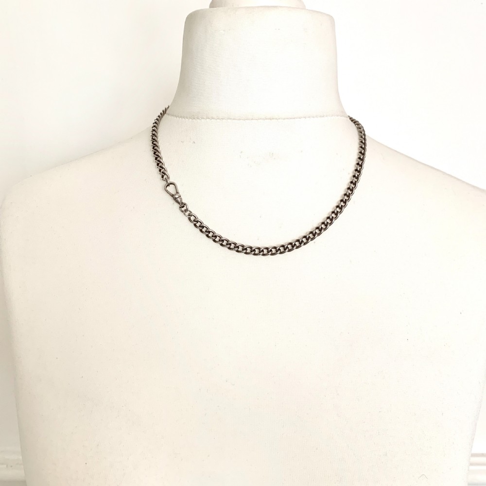 Victorian Sterling Silver Watch Chain Necklace with Dog Clip View VI