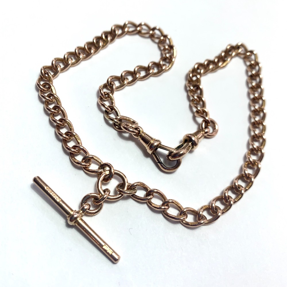Victorian 9CT Rose Gold Albert Watch Chain Necklace with T Bar and Dog Clips