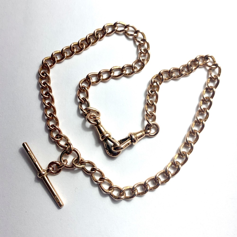 Victorian 9CT Rose Gold Albert Watch Chain Necklace with T Bar and Dog Clips View II