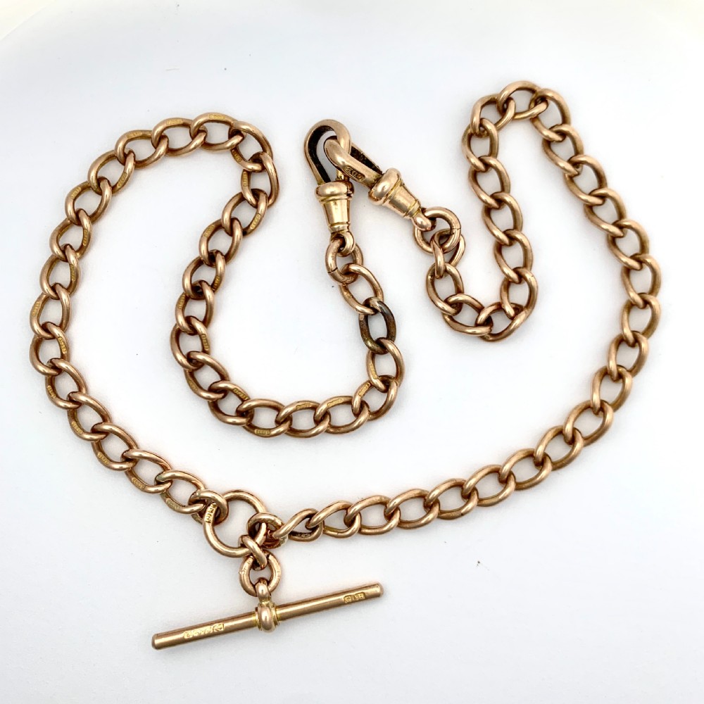 Victorian 9CT Rose Gold Albert Watch Chain Necklace with T Bar and Dog Clips View V