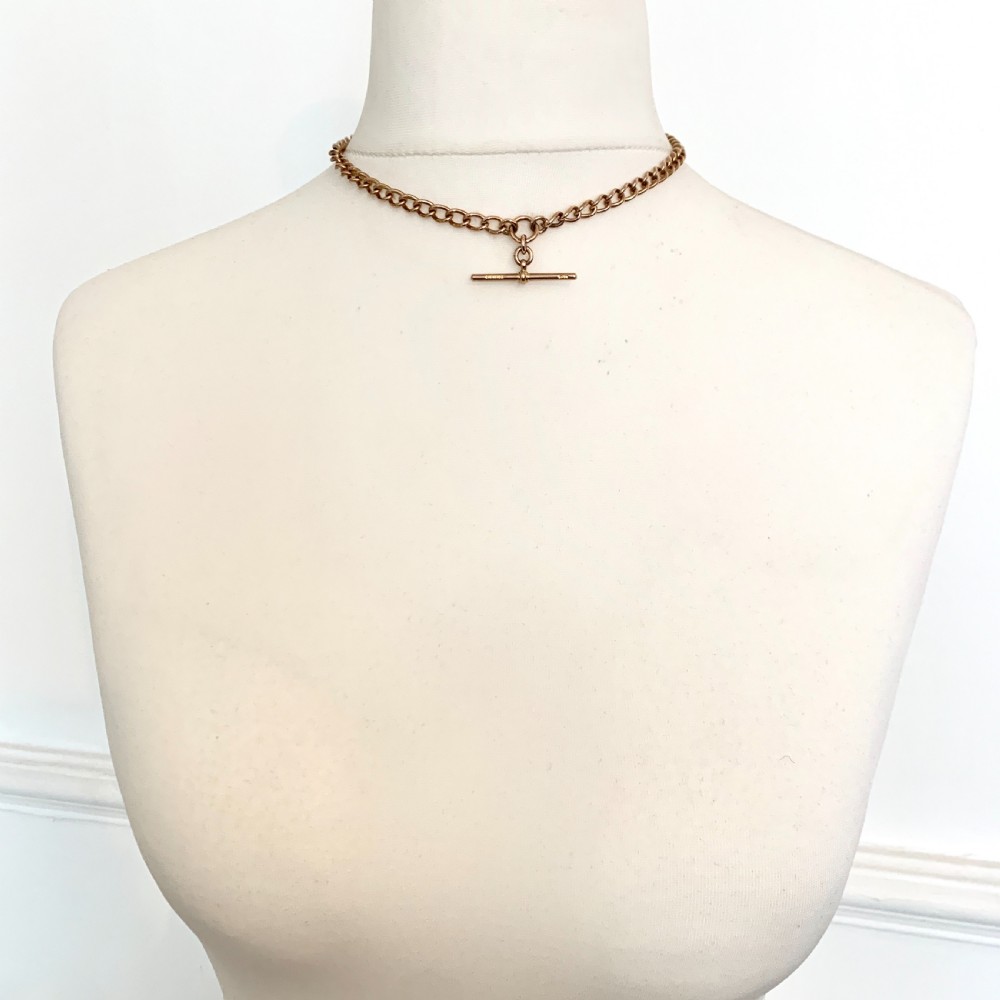 Victorian 9CT Rose Gold Albert Watch Chain Necklace with T Bar and Dog Clips View VI