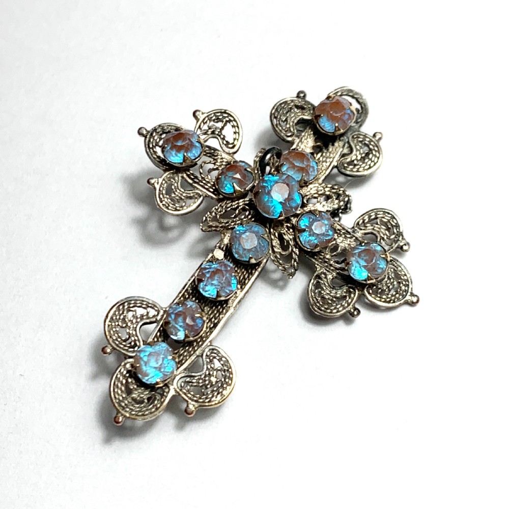 Antique Saphiret Silver Filigree Crucifix Brooch