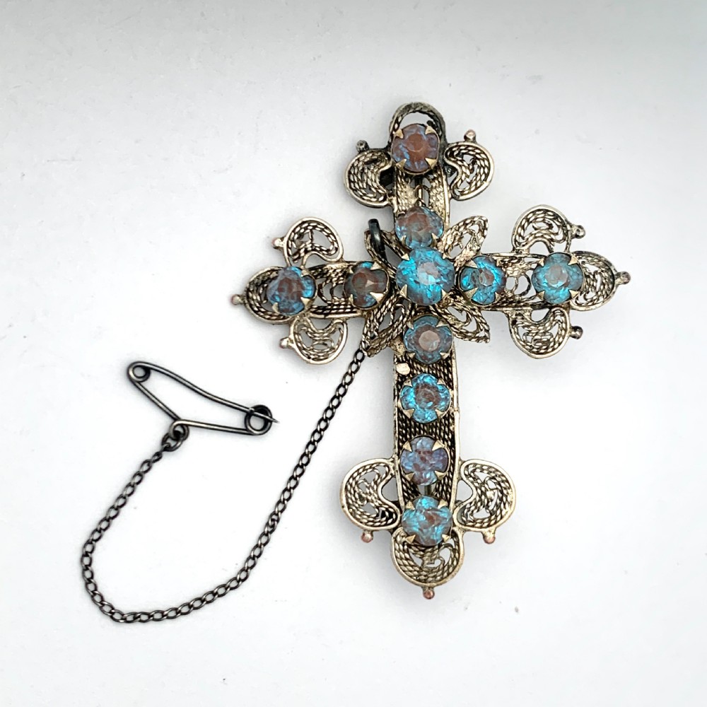 Antique Saphiret Silver Filigree Crucifix Brooch View II