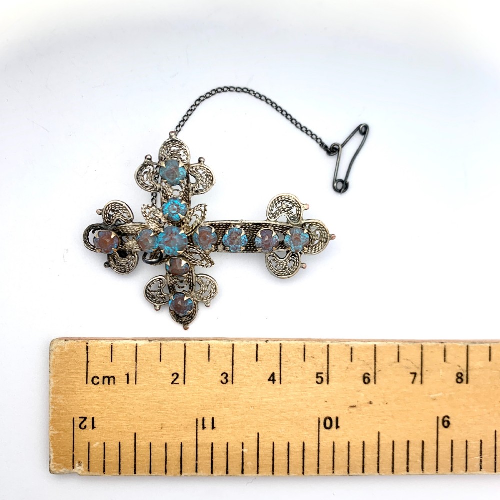 Antique Saphiret Silver Filigree Crucifix Brooch View III