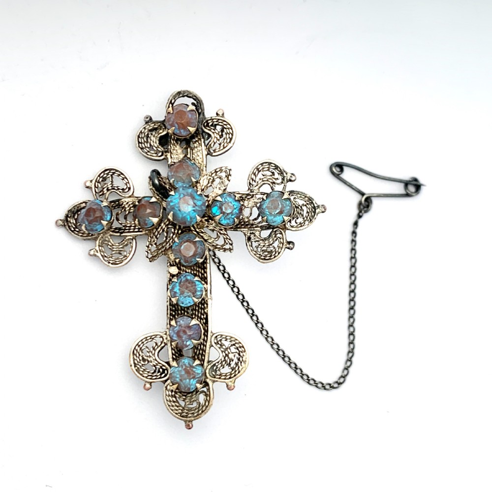 Antique Saphiret Silver Filigree Crucifix Brooch View IV
