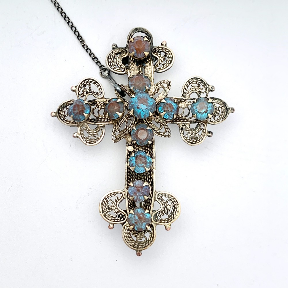 Antique Saphiret Silver Filigree Crucifix Brooch View V