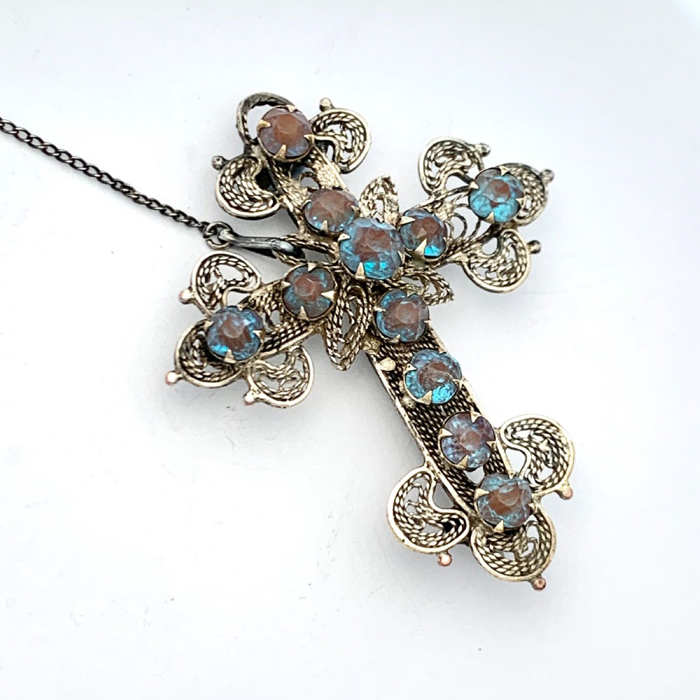 Antique Saphiret Silver Filigree Crucifix Brooch View VI