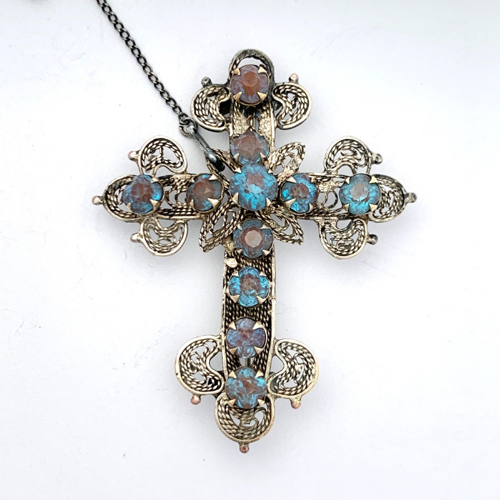Antique Saphiret Silver Filigree Crucifix Brooch View VII