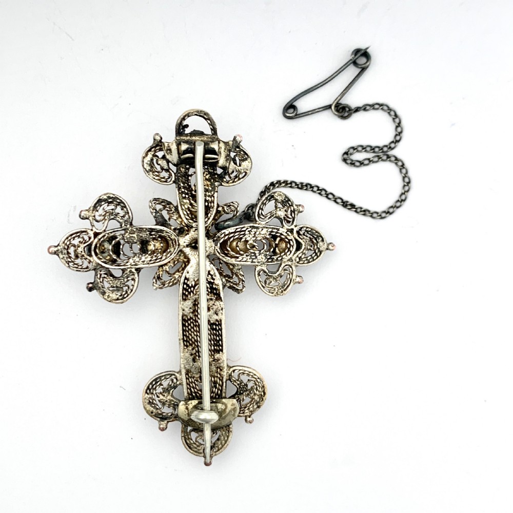 Antique Saphiret Silver Filigree Crucifix Brooch View VIII