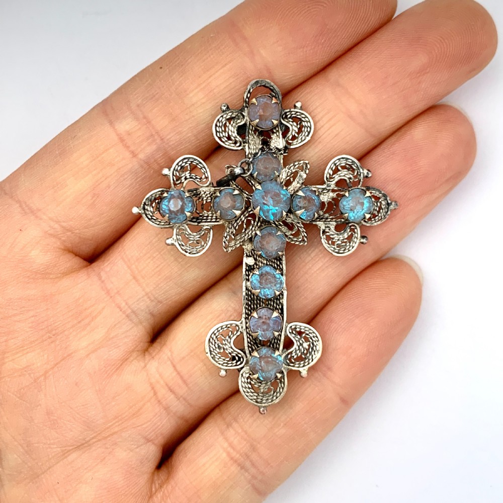 Antique Saphiret Silver Filigree Crucifix Brooch View IX