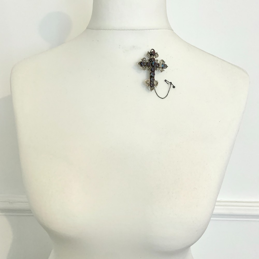 Antique Saphiret Silver Filigree Crucifix Brooch View X