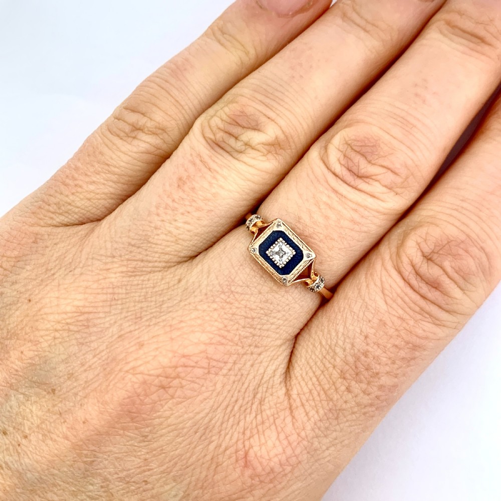 Art Deco 14CT Rose Gold Enamelled Sapphire Ring View III