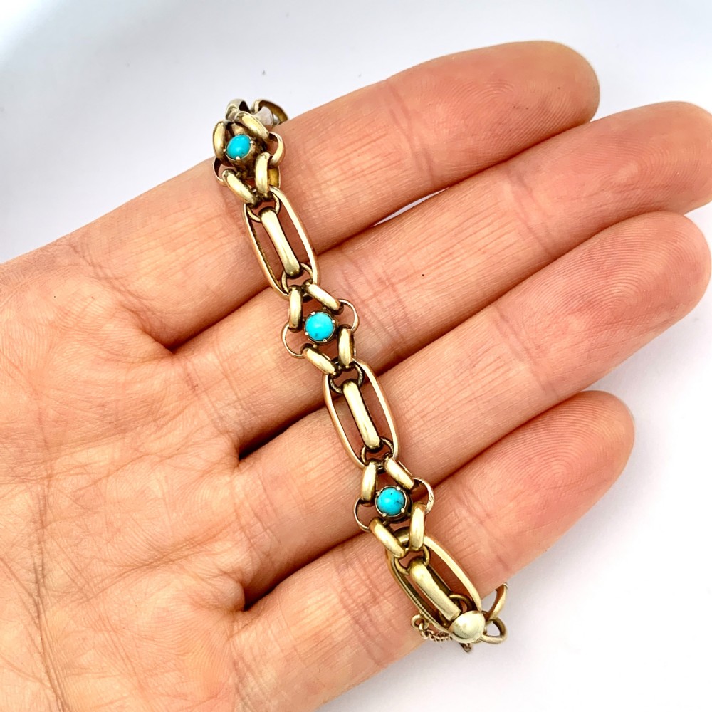 Victorian Turquoise-Set 15CT Gold Fancy Link Bracelet View V