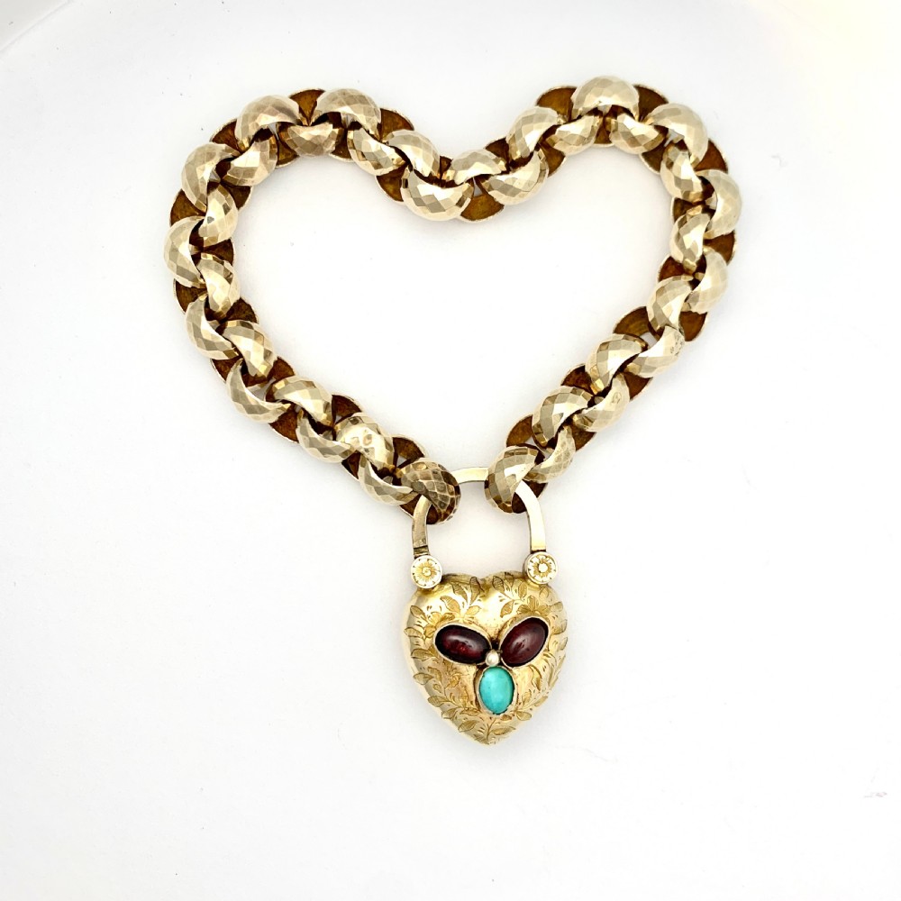 Victorian 15CT Gold Mourning Bracelet with Garnet and Turquoise Padlock 