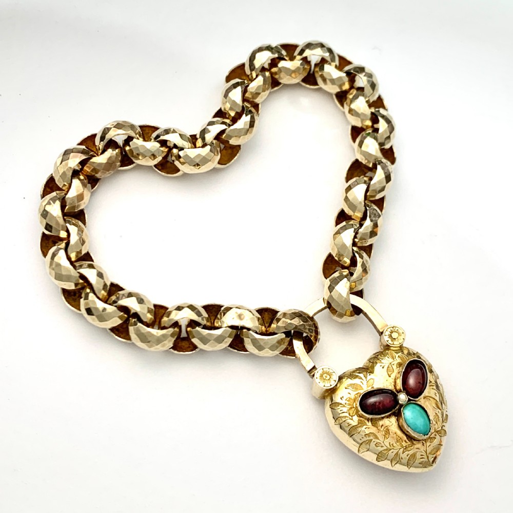 Victorian 15CT Gold Mourning Bracelet with Garnet and Turquoise Padlock  View II