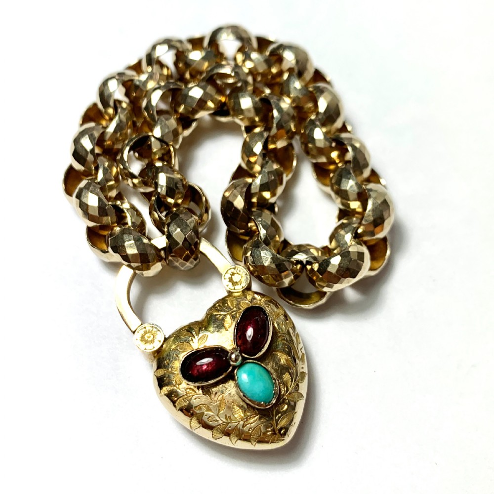 Victorian 15CT Gold Mourning Bracelet with Garnet and Turquoise Padlock  View X