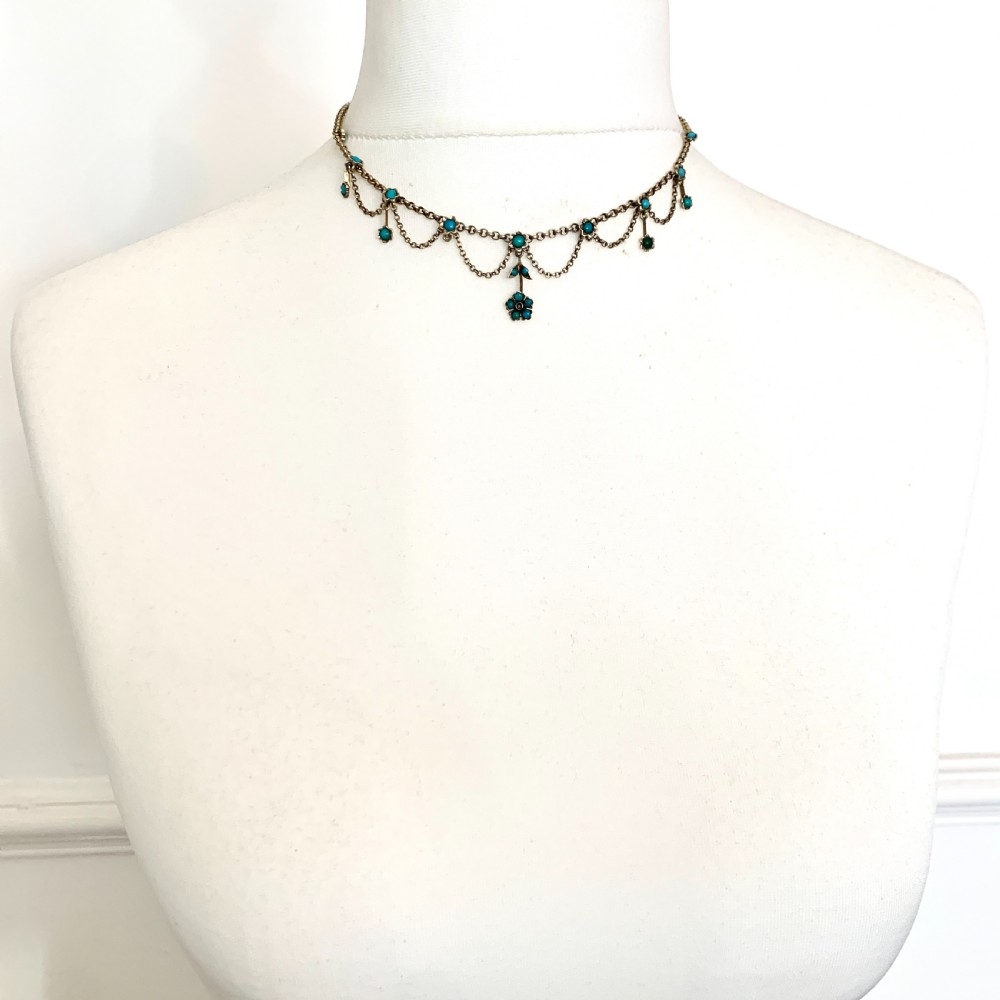 RESERVED Victorian Turquoise Festoon Necklace in Silver Gilt View II