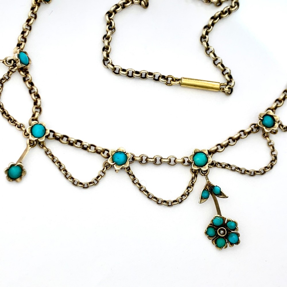 RESERVED Victorian Turquoise Festoon Necklace in Silver Gilt View III