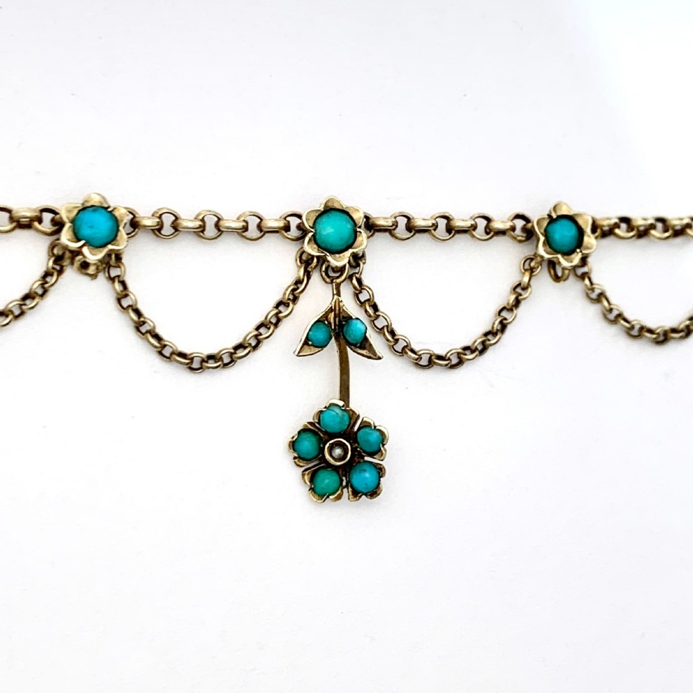 RESERVED Victorian Turquoise Festoon Necklace in Silver Gilt View VII