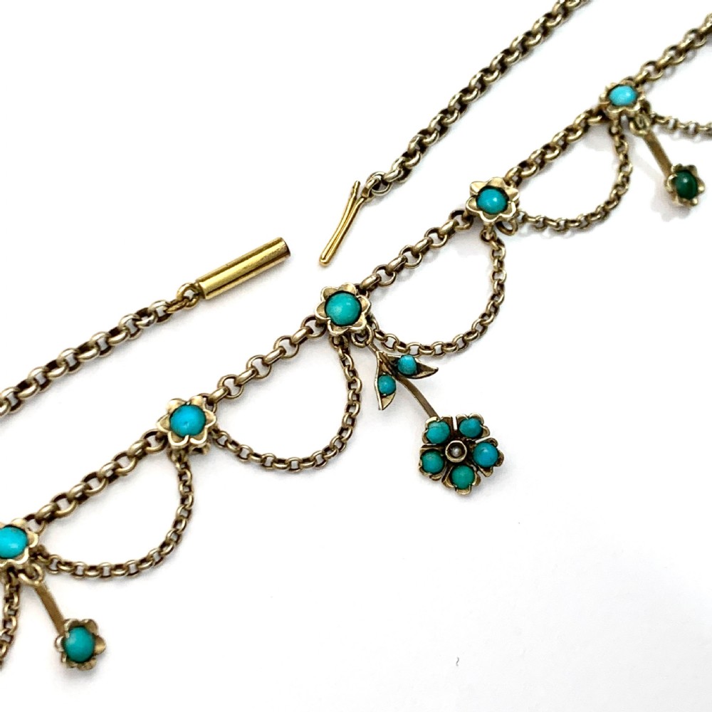 RESERVED Victorian Turquoise Festoon Necklace in Silver Gilt View VIII