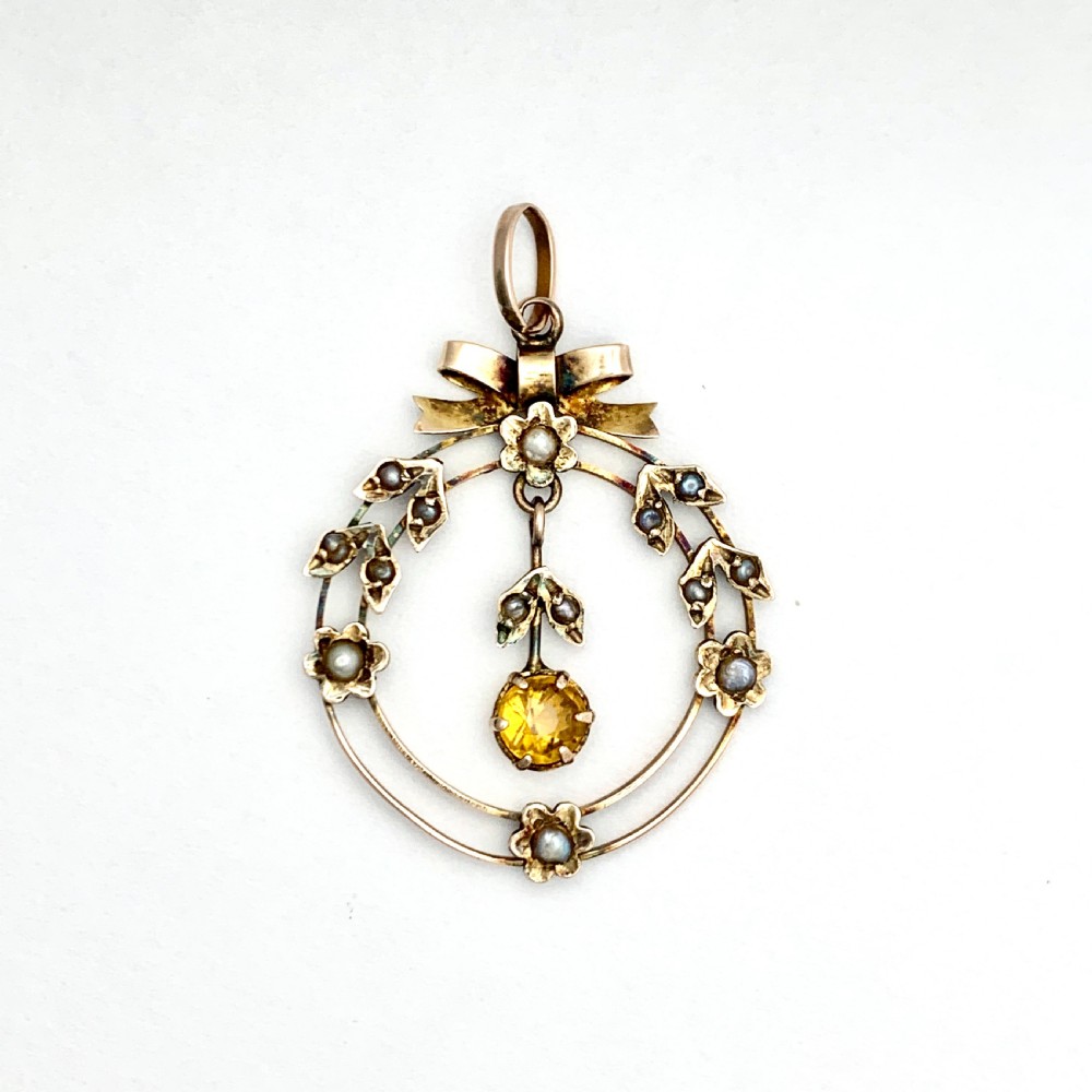 Edwardian 9CT Gold Citrine and Pearl Bow and Flowers Pendant 