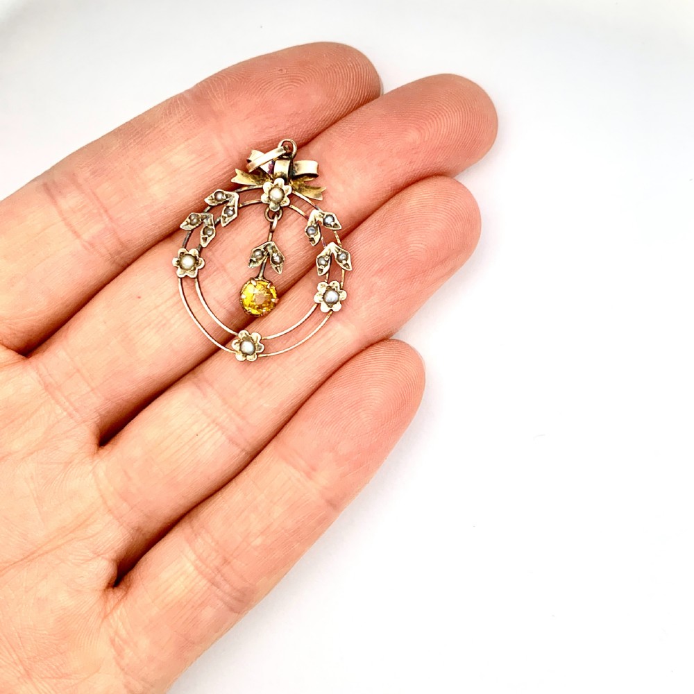 Edwardian 9CT Gold Citrine and Pearl Bow and Flowers Pendant  View II