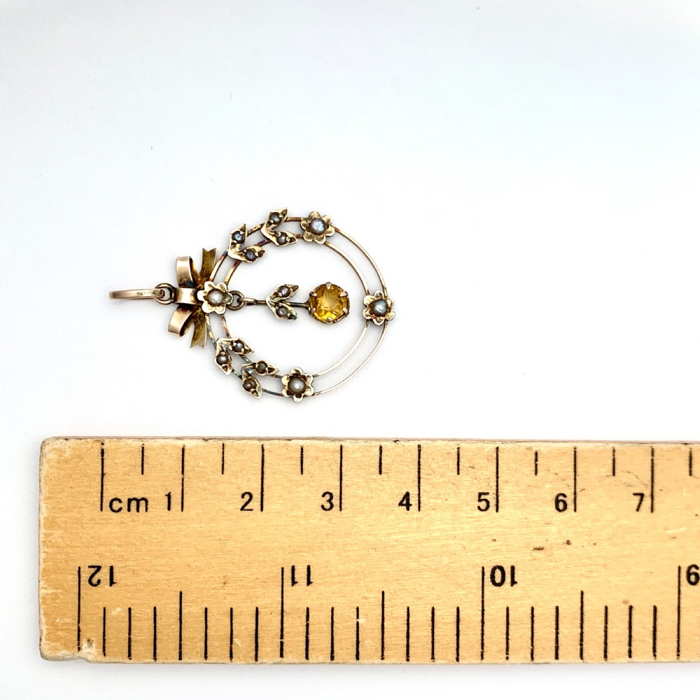 Edwardian 9CT Gold Citrine and Pearl Bow and Flowers Pendant  View III