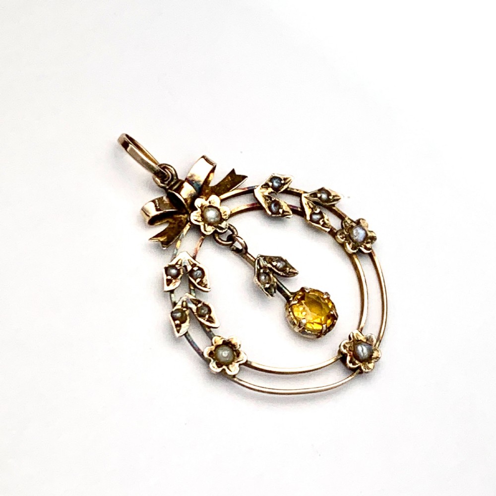 Edwardian 9CT Gold Citrine and Pearl Bow and Flowers Pendant  View IV