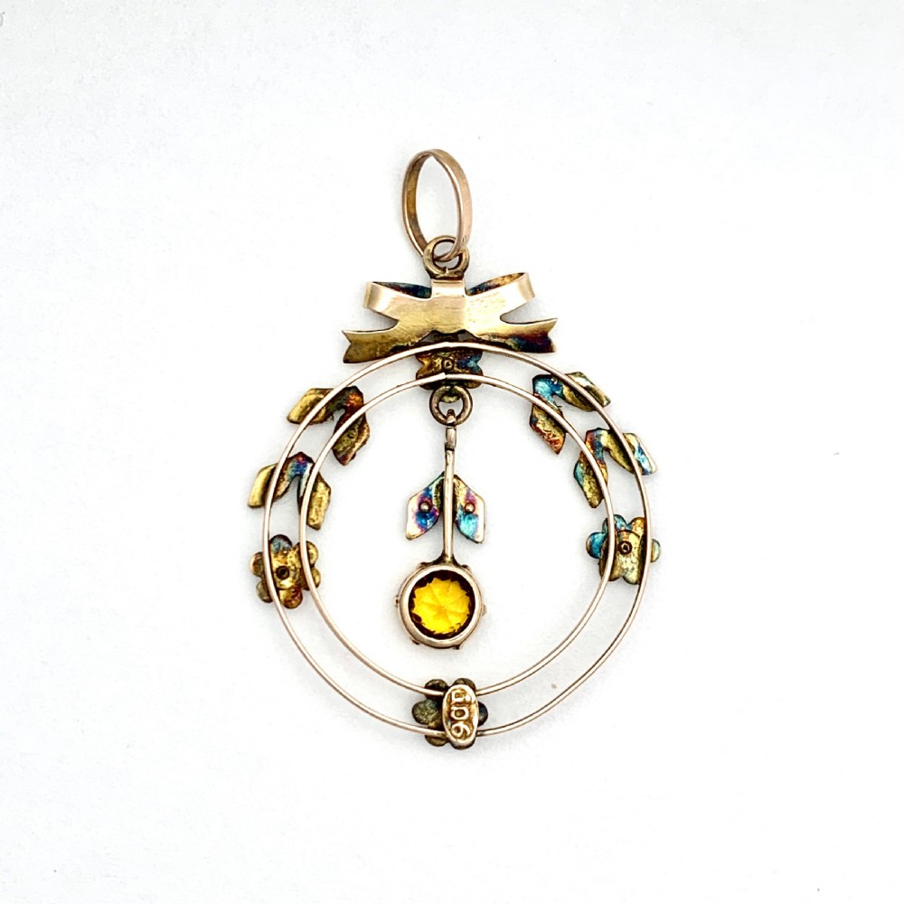 Edwardian 9CT Gold Citrine and Pearl Bow and Flowers Pendant  View V
