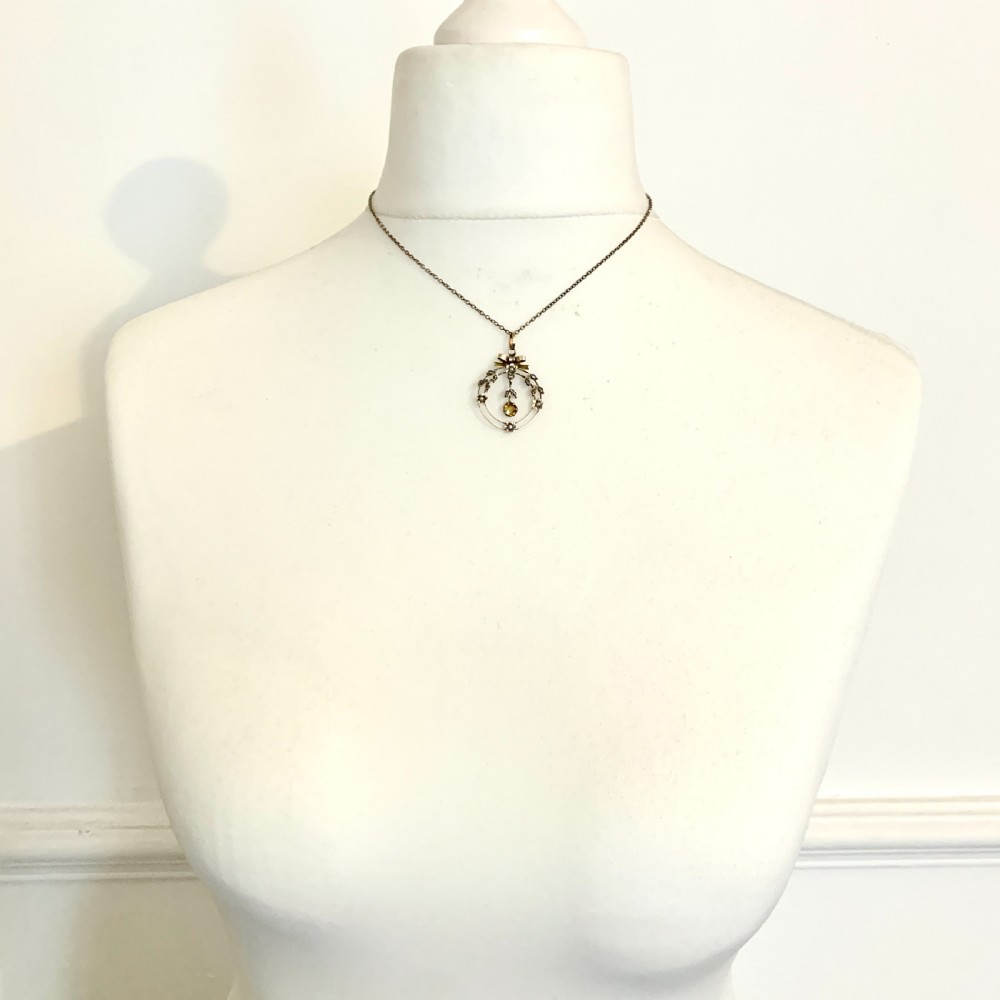 Edwardian 9CT Gold Citrine and Pearl Bow and Flowers Pendant  View VI