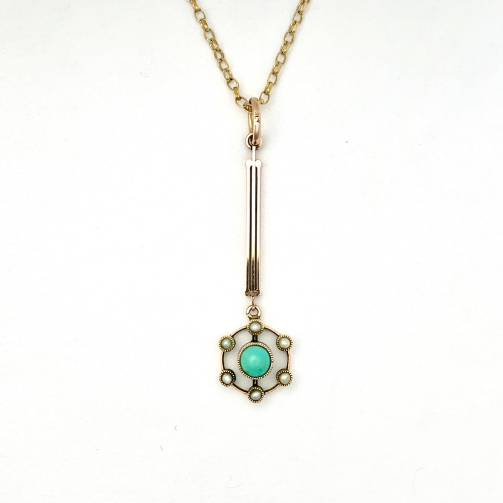 Edwardian-Art Deco 9CT Gold Turquoise and Pearl Vertical Bar Pendant Necklace