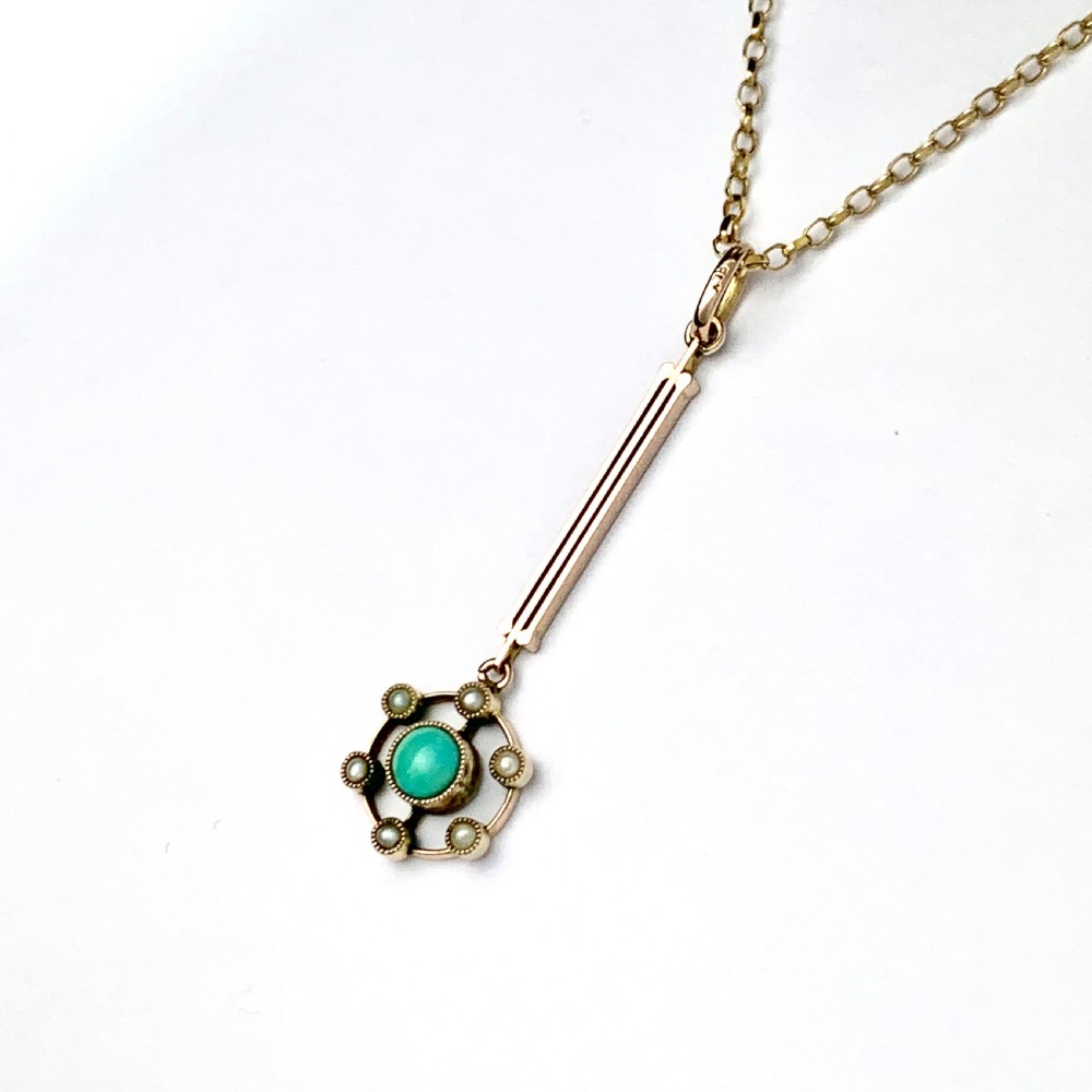Edwardian-Art Deco 9CT Gold Turquoise and Pearl Vertical Bar Pendant Necklace View II