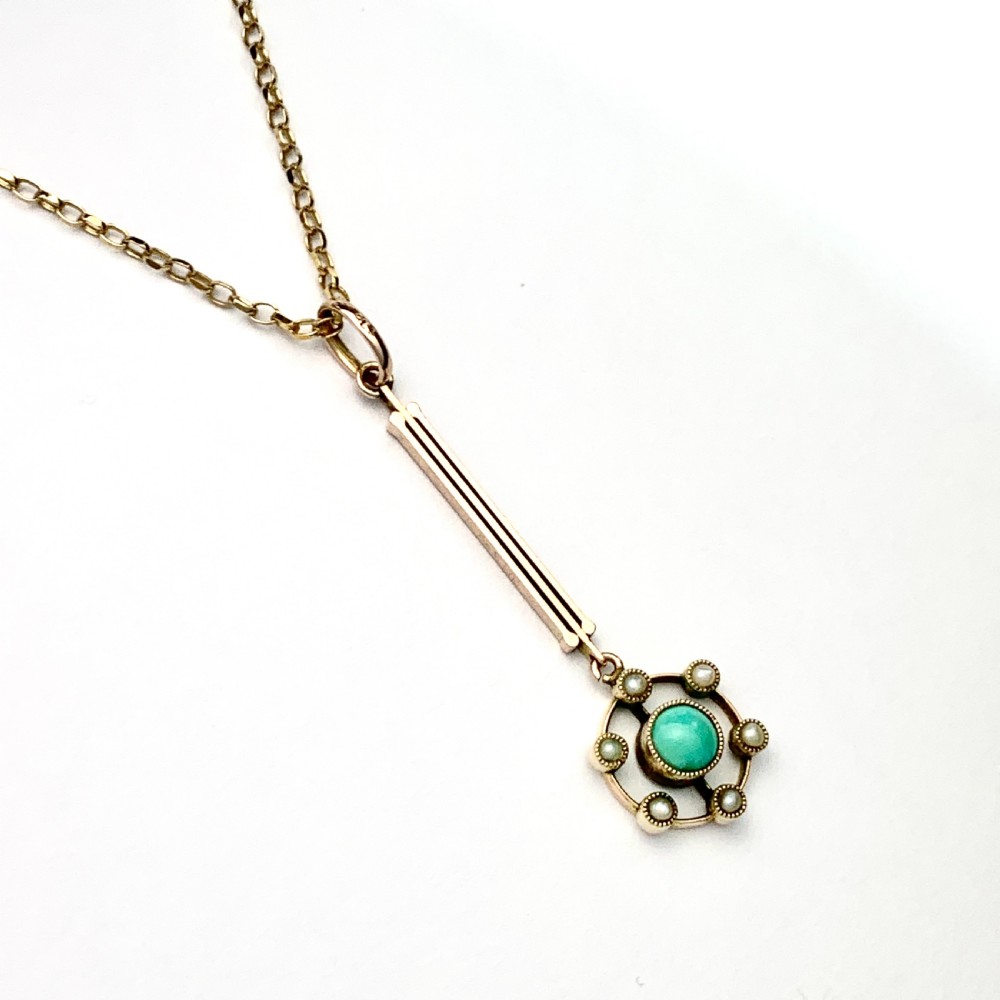 Edwardian-Art Deco 9CT Gold Turquoise and Pearl Vertical Bar Pendant Necklace View III