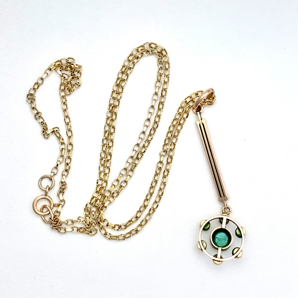 Edwardian-Art Deco 9CT Gold Turquoise and Pearl Vertical Bar Pendant Necklace View IV