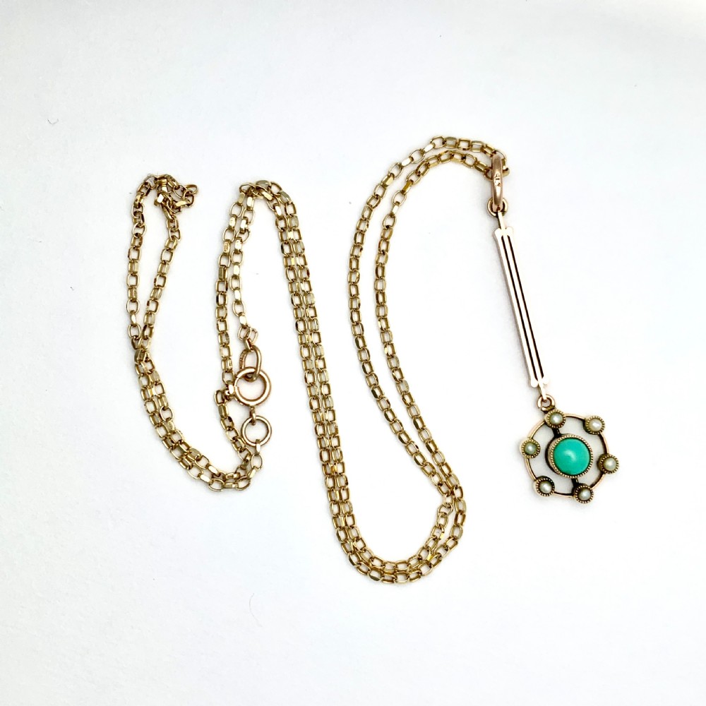 Edwardian-Art Deco 9CT Gold Turquoise and Pearl Vertical Bar Pendant Necklace View V